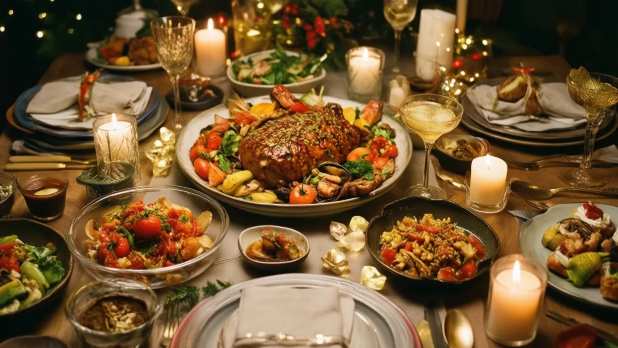 Festive New Year’s Eve table with elegant dishes, candles, and sparkling drinks
