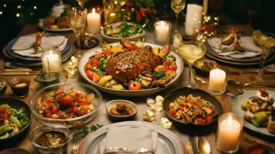 Festive New Year’s Eve table with elegant dishes, candles, and sparkling drinks