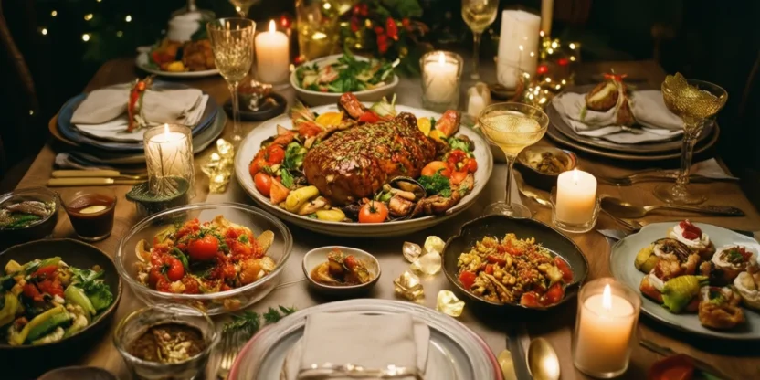 Festive New Year’s Eve table with elegant dishes, candles, and sparkling drinks
