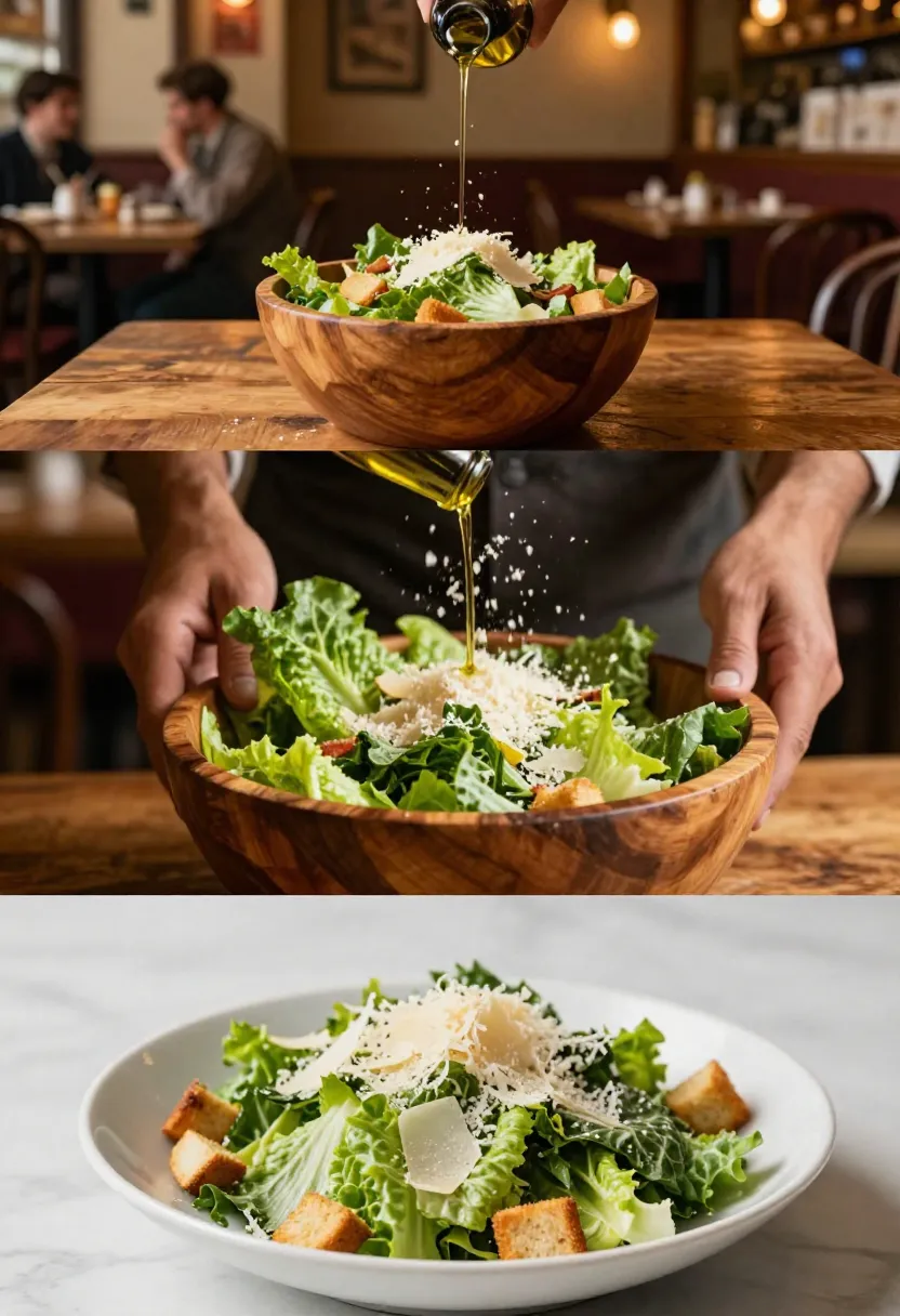 Collage of vintage and modern Caesar salad preparation scenes.