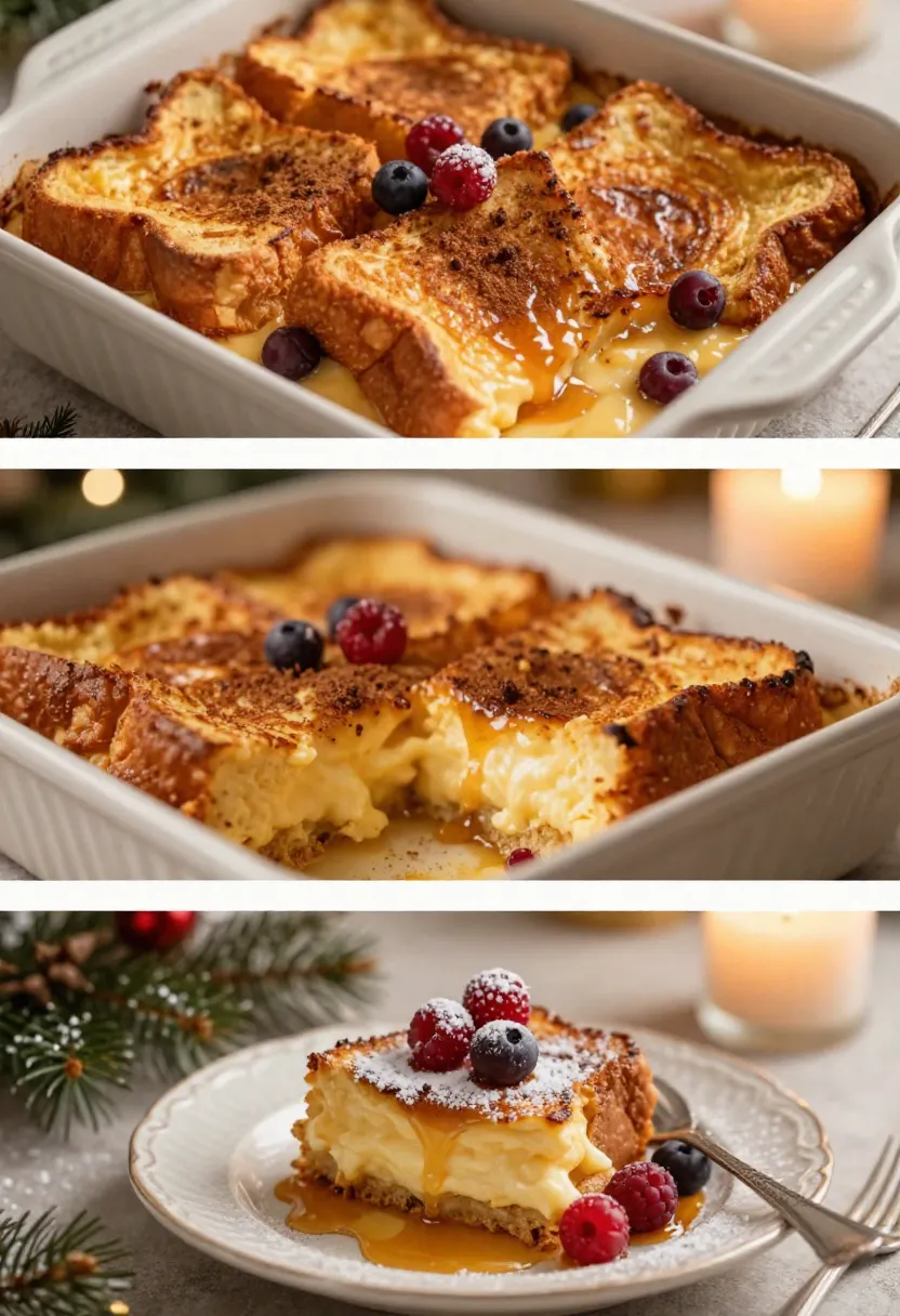 Three-image collage of overnight French toast bake soaking, baked golden, and served with berries in a festive setting.