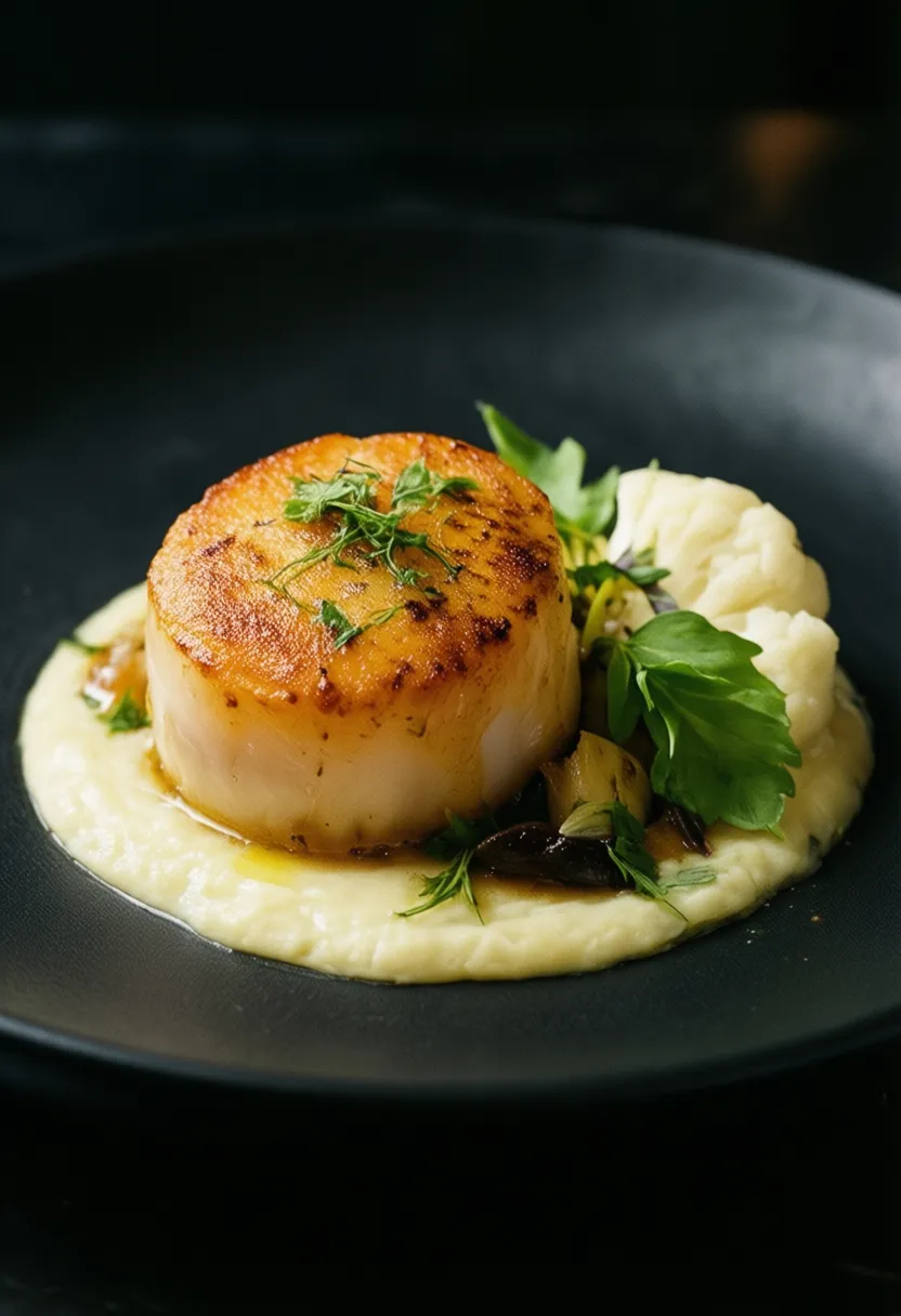 Pan-seared scallops on cauliflower purée with fresh herbs