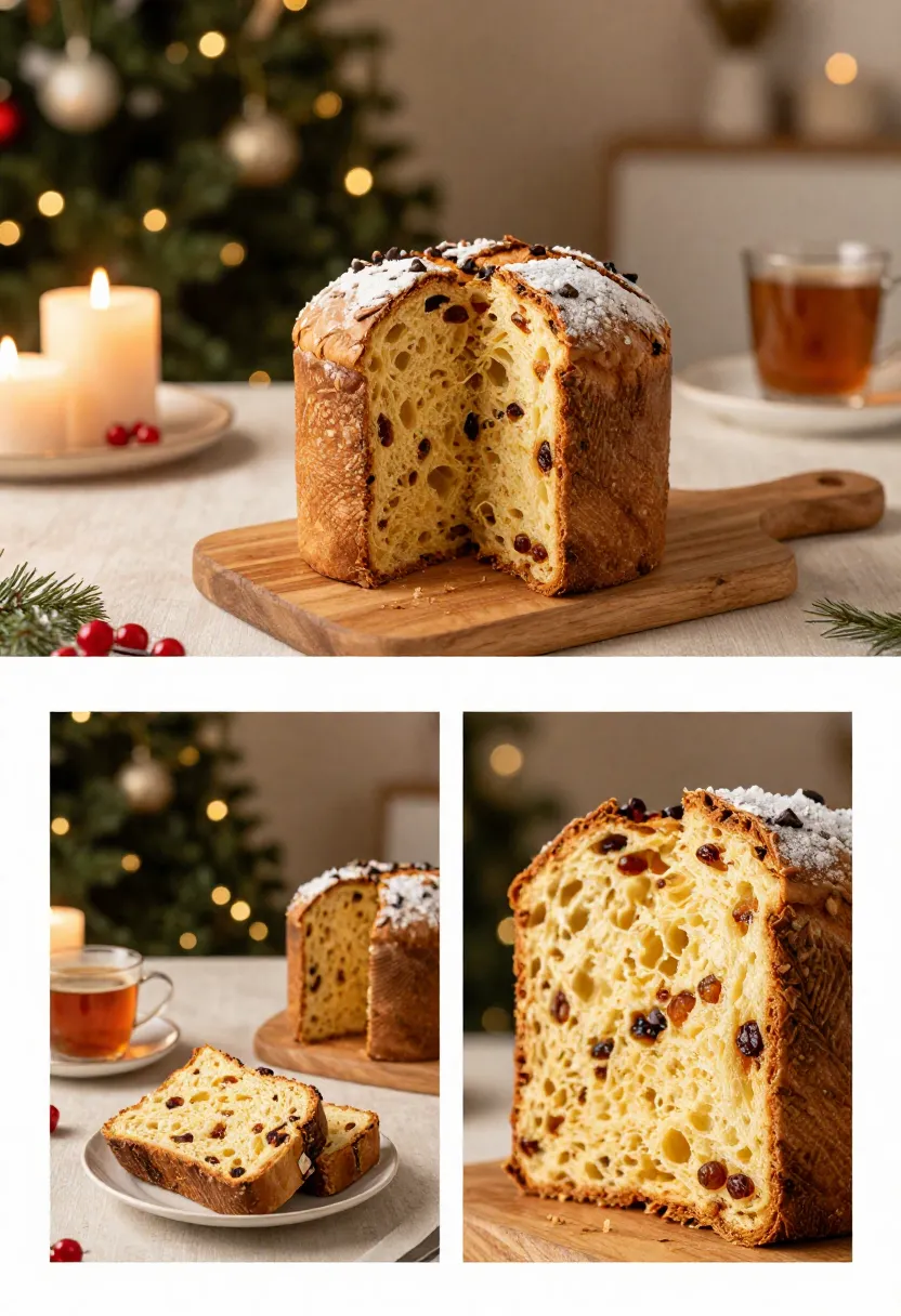 Slices of panettone served on a festive New Year holiday table