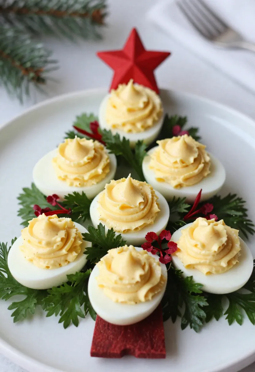 Deviled eggs arranged as a Christmas tree with festive garnish details.