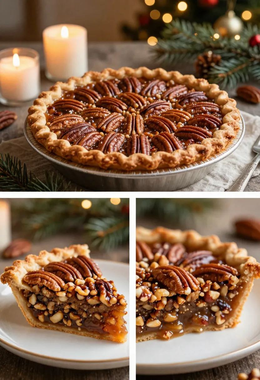 Pecan pie dessert on a festive New Year holiday table