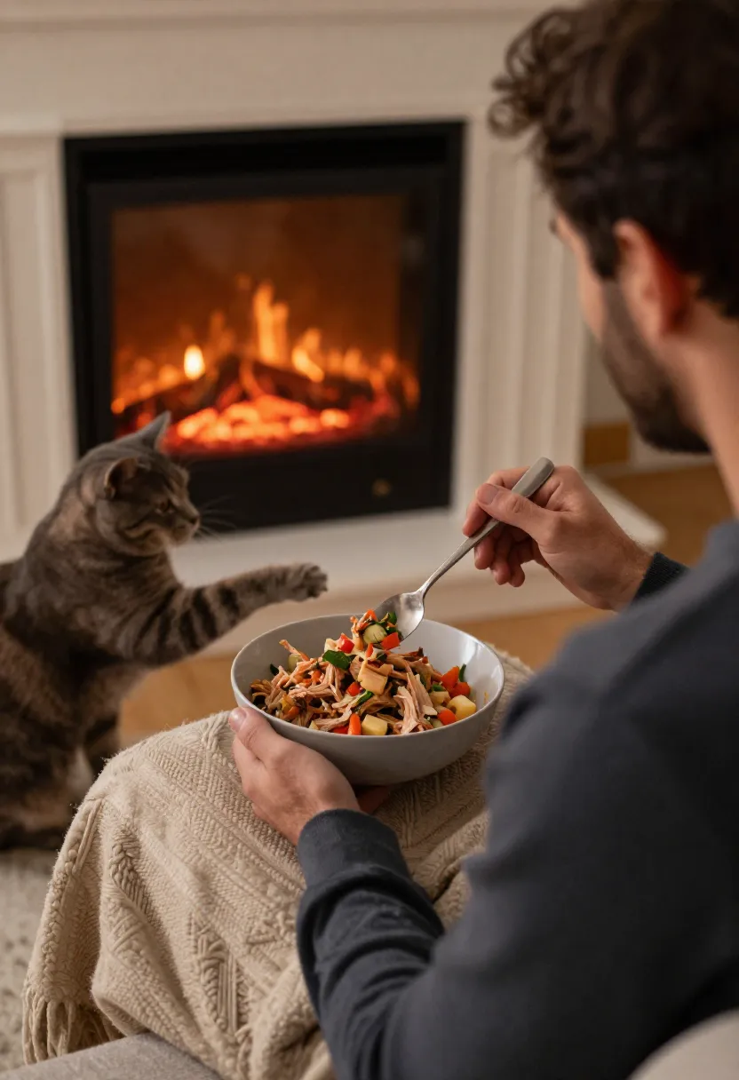 Man eating spicy tuna salad by a fireplace while a cat reaches for food