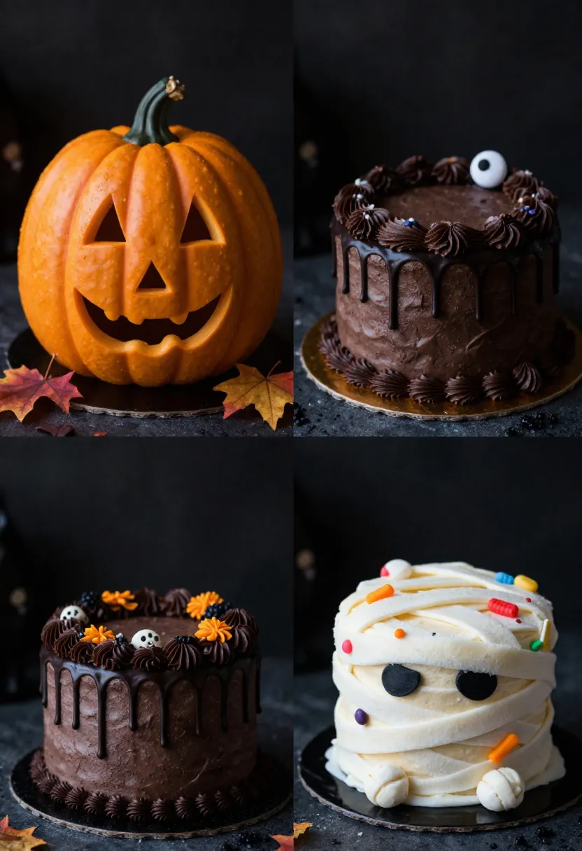 Halloween cake collage with pumpkin, haunted, and mummy cake designs on a dark background