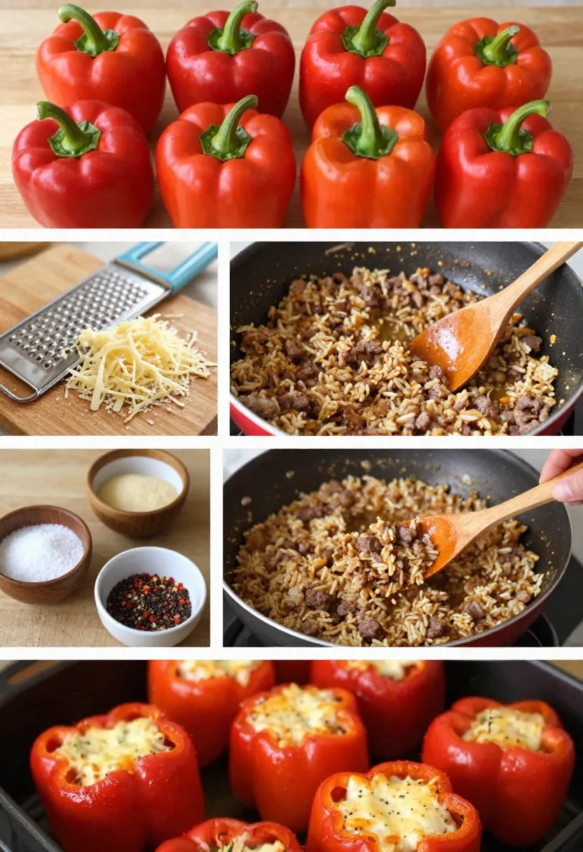 Collage showing cooking tips for stuffed peppers, including grated cheese, simmered filling, and broiled cheese topping.