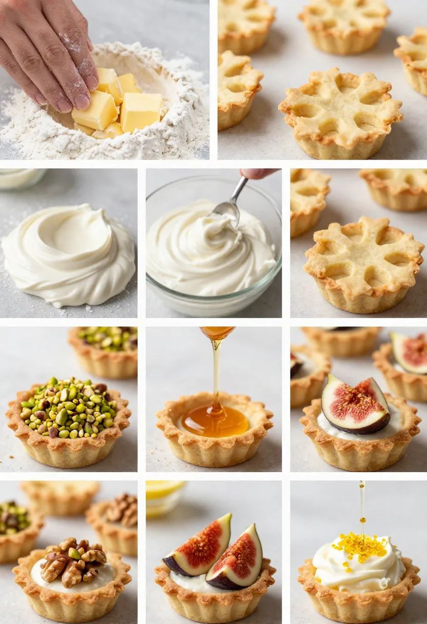Collage showing baking tips and flavor variations for snowflake goat cheese tartlets.