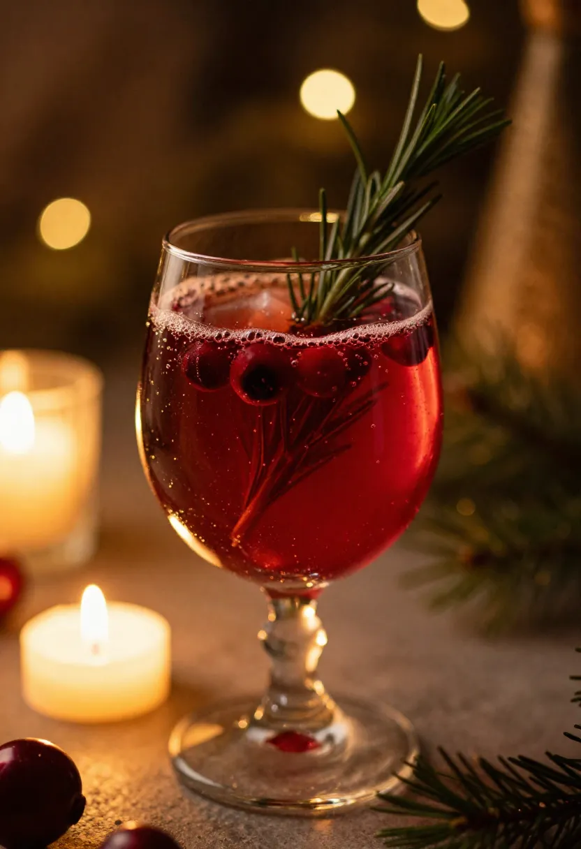 Cranberry cocktail in a clear Christmas ornament glowing under warm lights with rosemary garnish and soft holiday bokeh background.