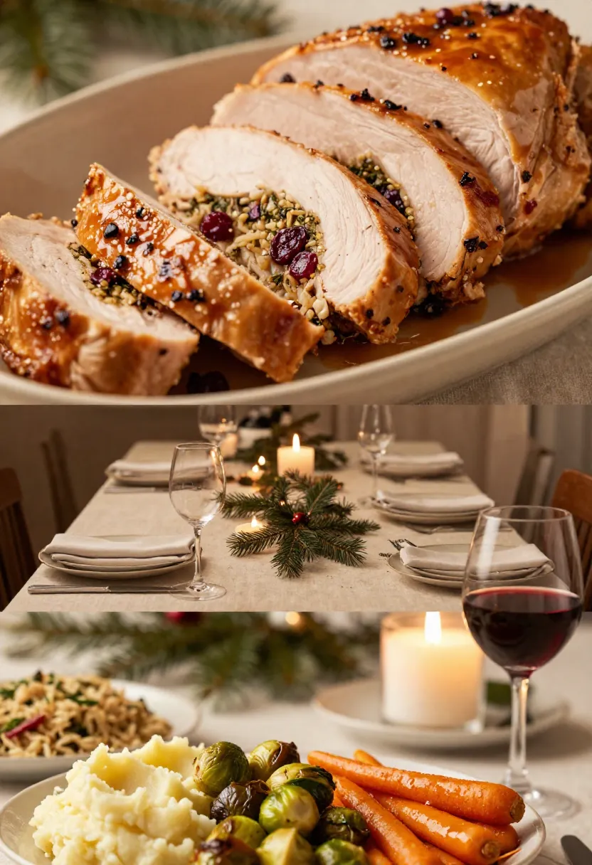 Festively sliced stuffed turkey breast served on a holiday table with side dishes and candlelight.