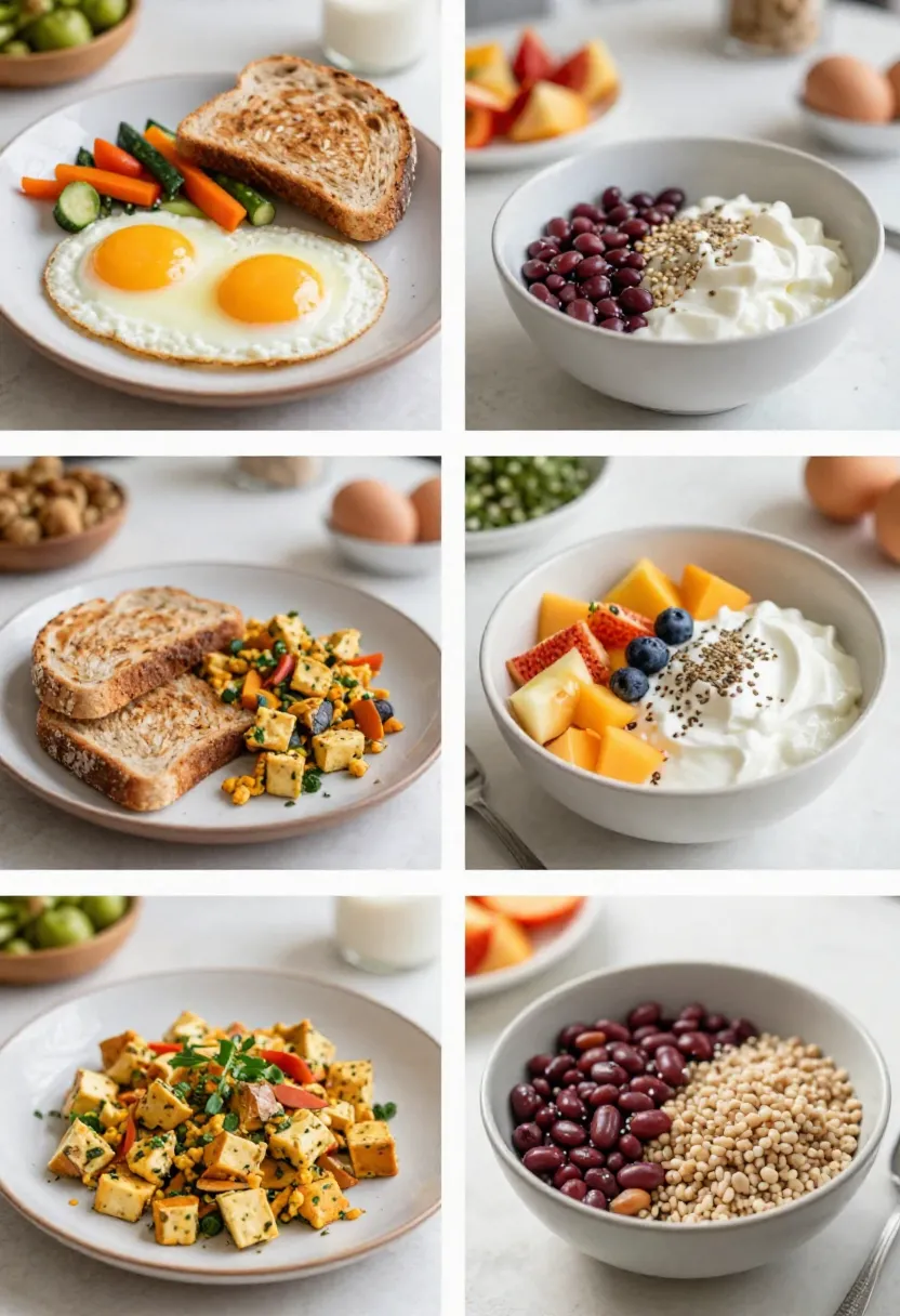 Collage of breakfast-friendly protein sources including eggs, yogurt, and plant-based options