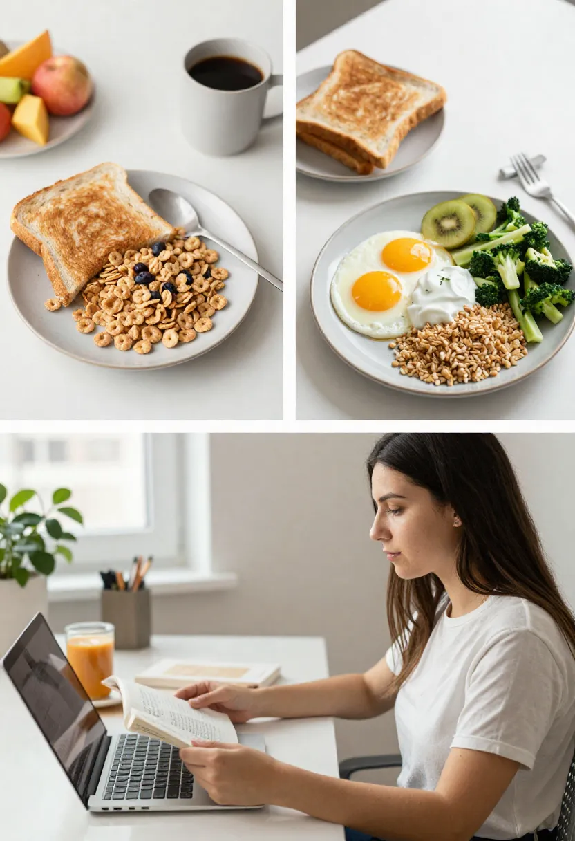 Collage comparing low-protein and high-protein breakfasts and their effect on morning energy