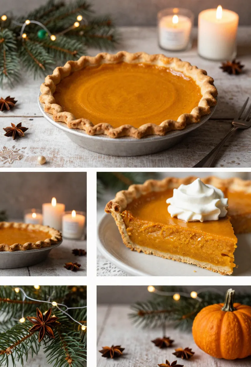 Pumpkin pie dessert on a festive New Year table with warm seasonal decor