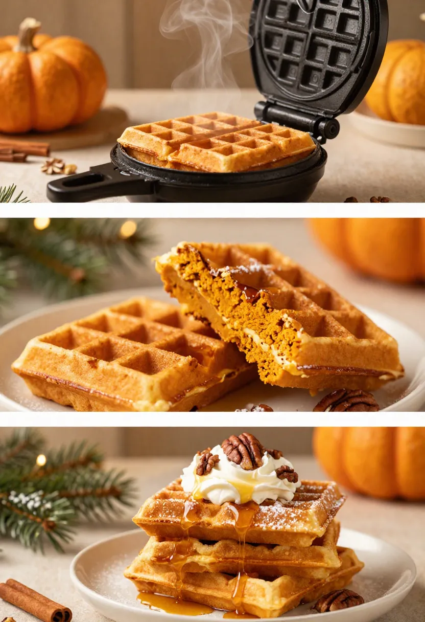 Three-image collage of pumpkin spice waffles cooking, stacked with syrup and whipped cream, in a warm holiday setting.