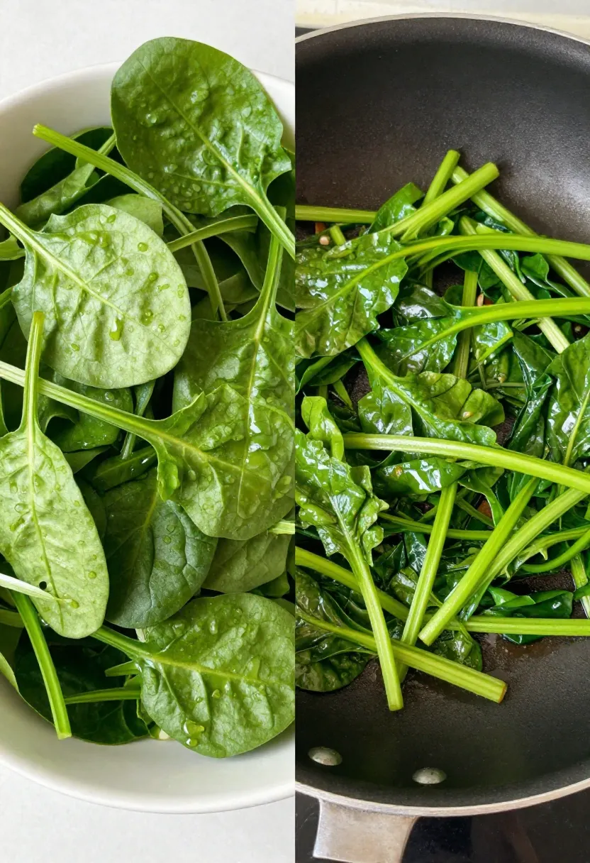 Raw salad greens and cooked leafy greens shown side by side
