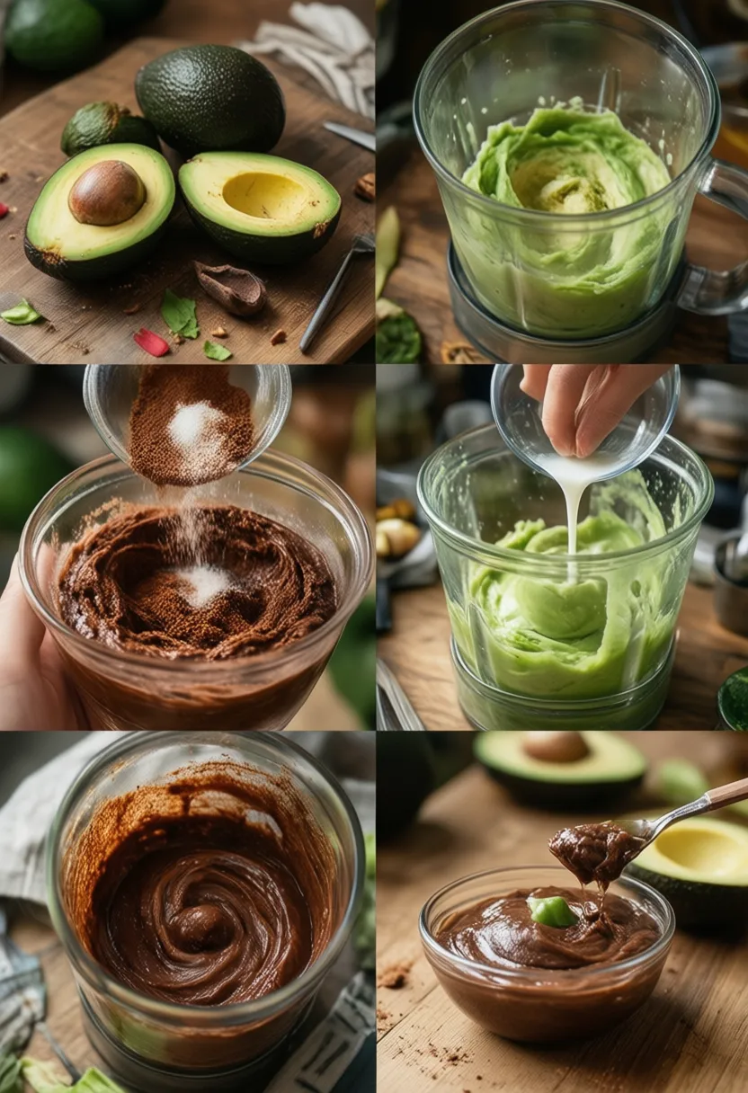 Collage showing steps of making chocolate avocado mousse from avocados to blending and serving.