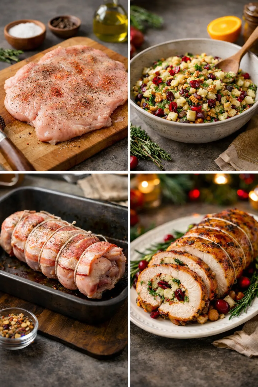 Step-by-step collage showing how to prepare and slice stuffed turkey breast with herb and cranberry filling.