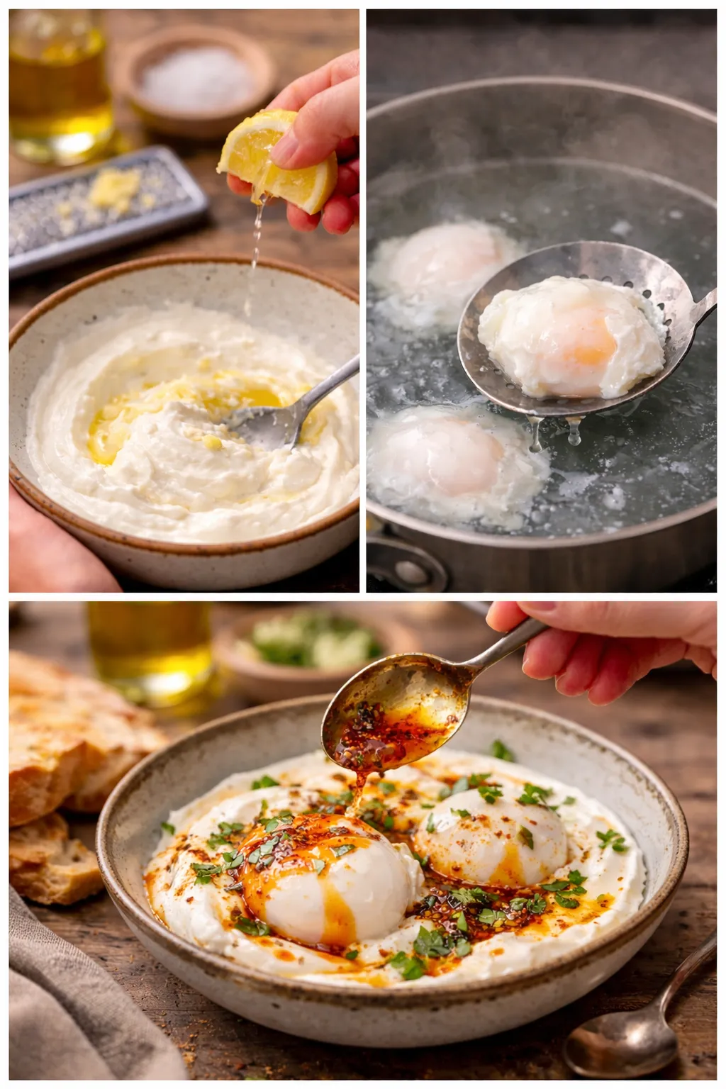 Step-by-step collage showing yogurt preparation, poached eggs, and spiced butter for Turkish eggs