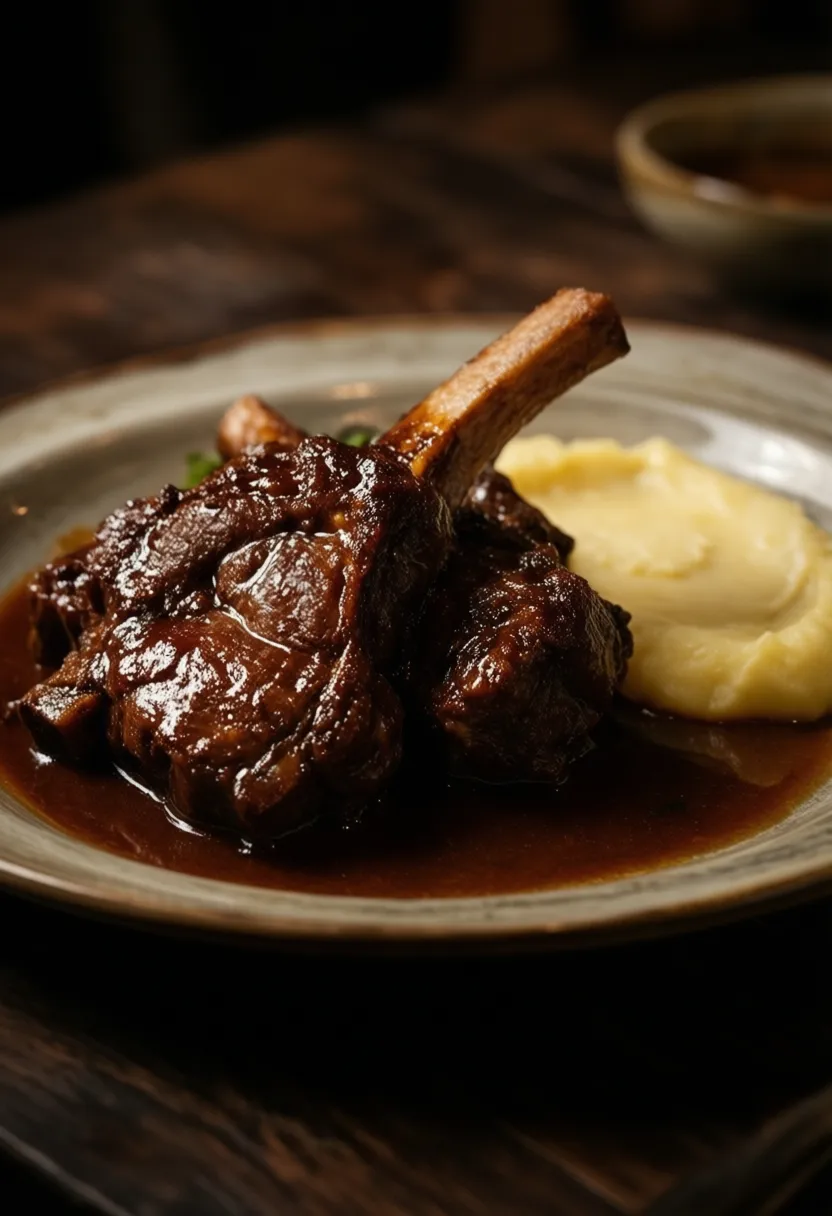 Red wine–braised beef short ribs with rich glossy sauce