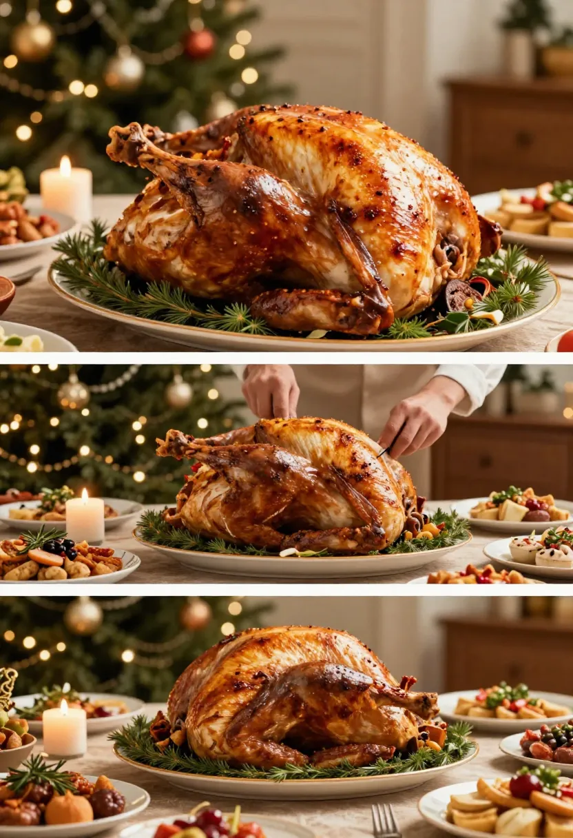 Roast turkey centerpiece on a festive New Year holiday table