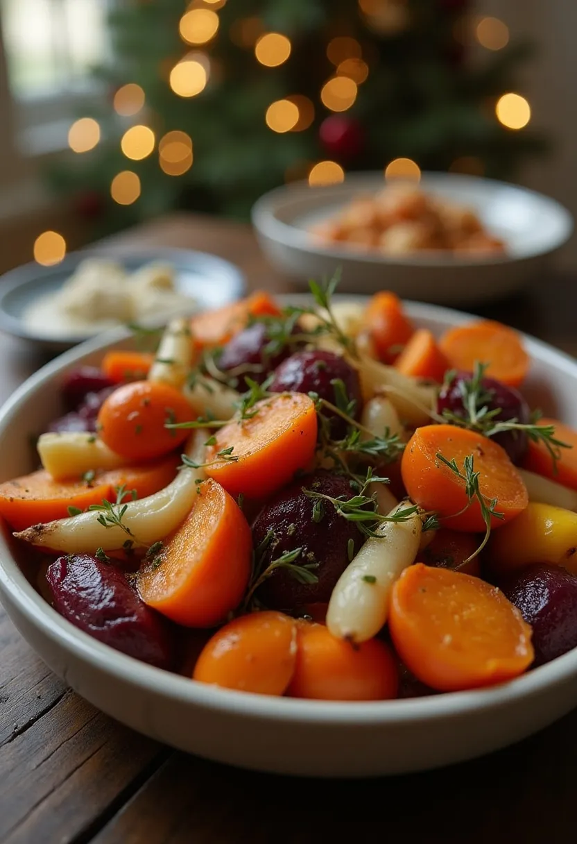 Roasted root vegetables served for a festive New Year’s Eve table