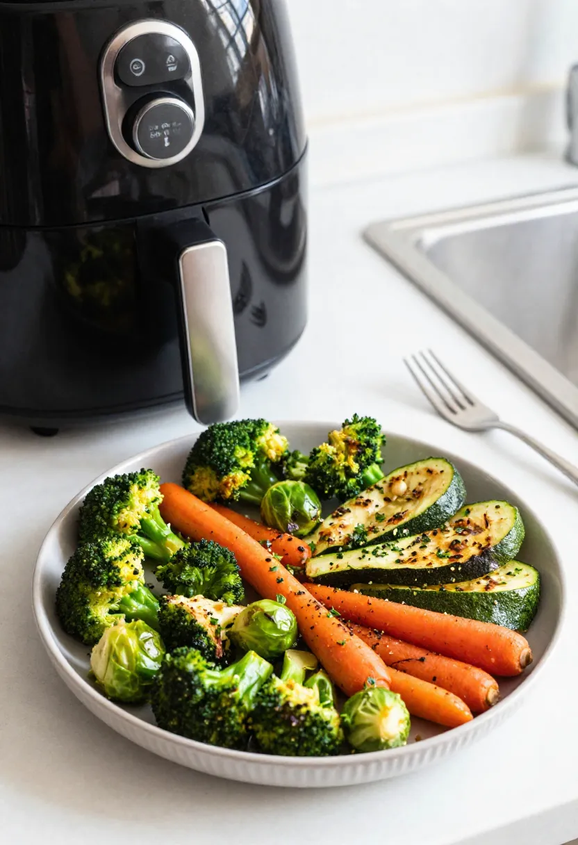 Air fryer roasted vegetables with herbs next to an air fryer