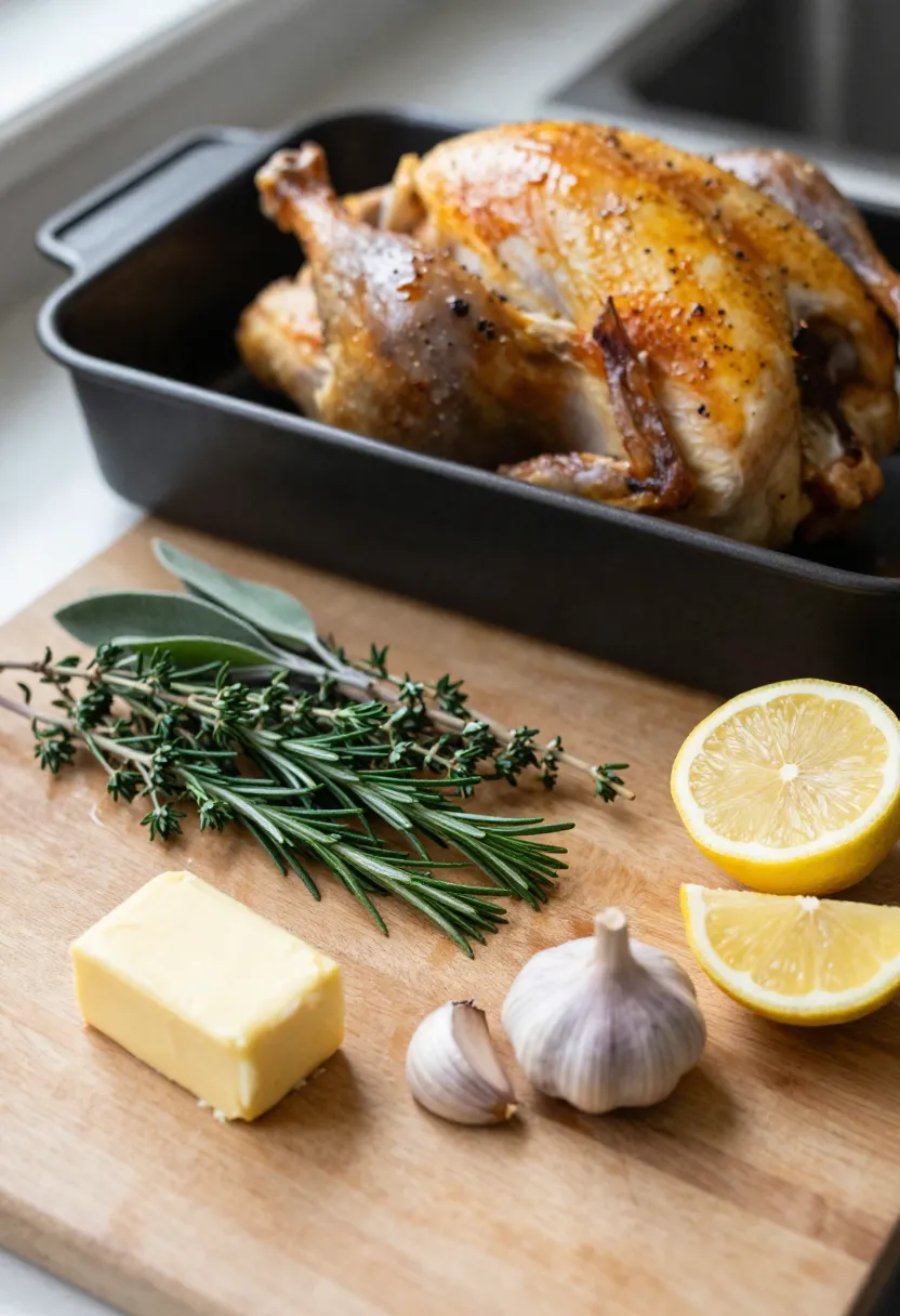 Fresh herbs, butter, and lemon prepared for roasting a whole chicken in a calm kitchen setting