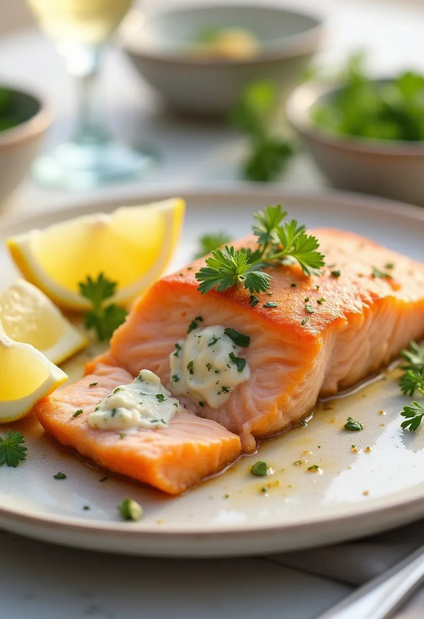 Baked salmon stuffed with crab and herbs, served with lemon in a coastal setting.