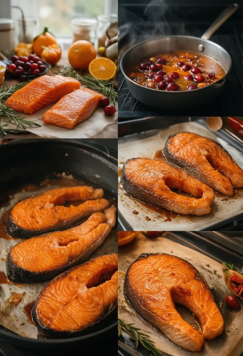 Step-by-step collage showing cranberry-orange glazed salmon preparation
