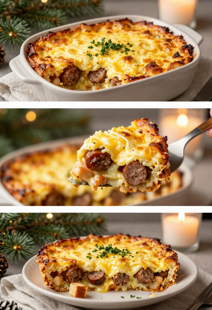 Three-image collage of golden sausage and egg breakfast casserole, close-up slice, and festive holiday serving scene.