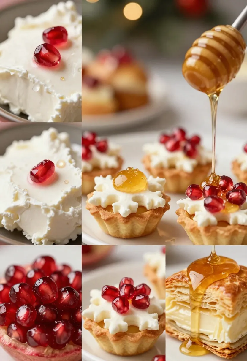 Collage of goat cheese, pomegranate, honey, flaky pastry, and assembled snowflake tartlets in warm festive lighting.