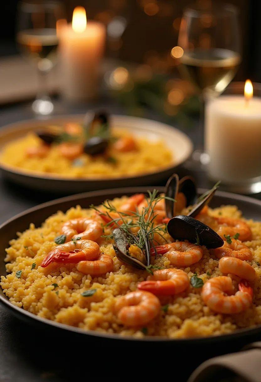 Seafood paella or risotto served for a New Year’s Eve celebration