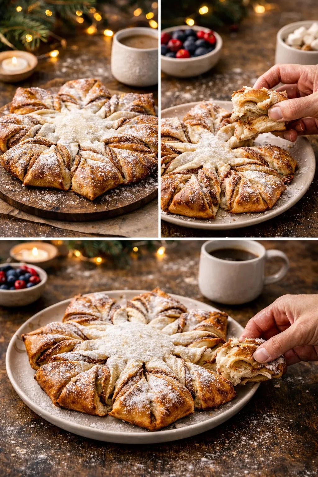 Star-shaped cinnamon roll served simply with powdered sugar in a calm, festive holiday setting.