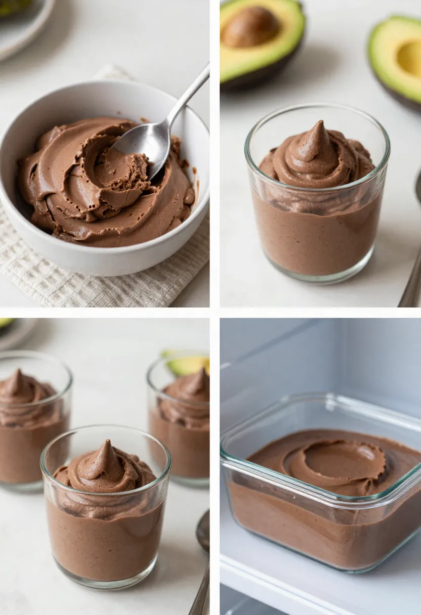 Collage showing different ways to serve chocolate avocado mousse at home and for guests.