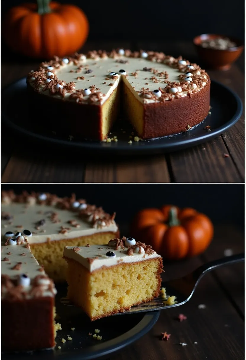 Sliced Halloween cake served on a dark plate with festive spooky details
