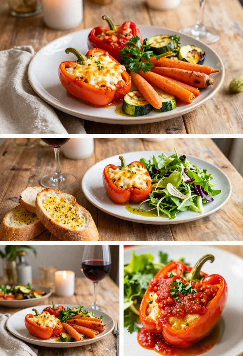 Collage of stuffed peppers served with salad, roasted vegetables, garlic bread, and wine.