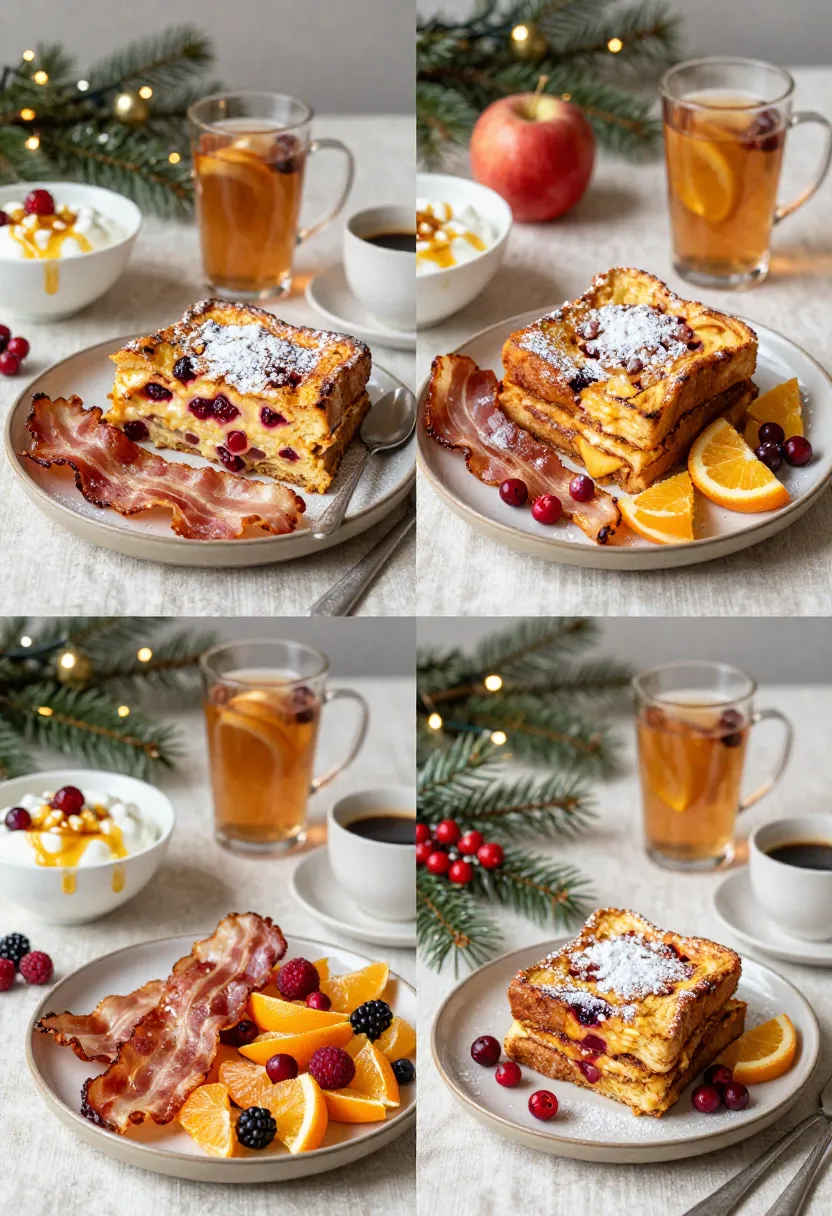 Festive Christmas breakfast table with French toast bake, bacon, fruit, and coffee.