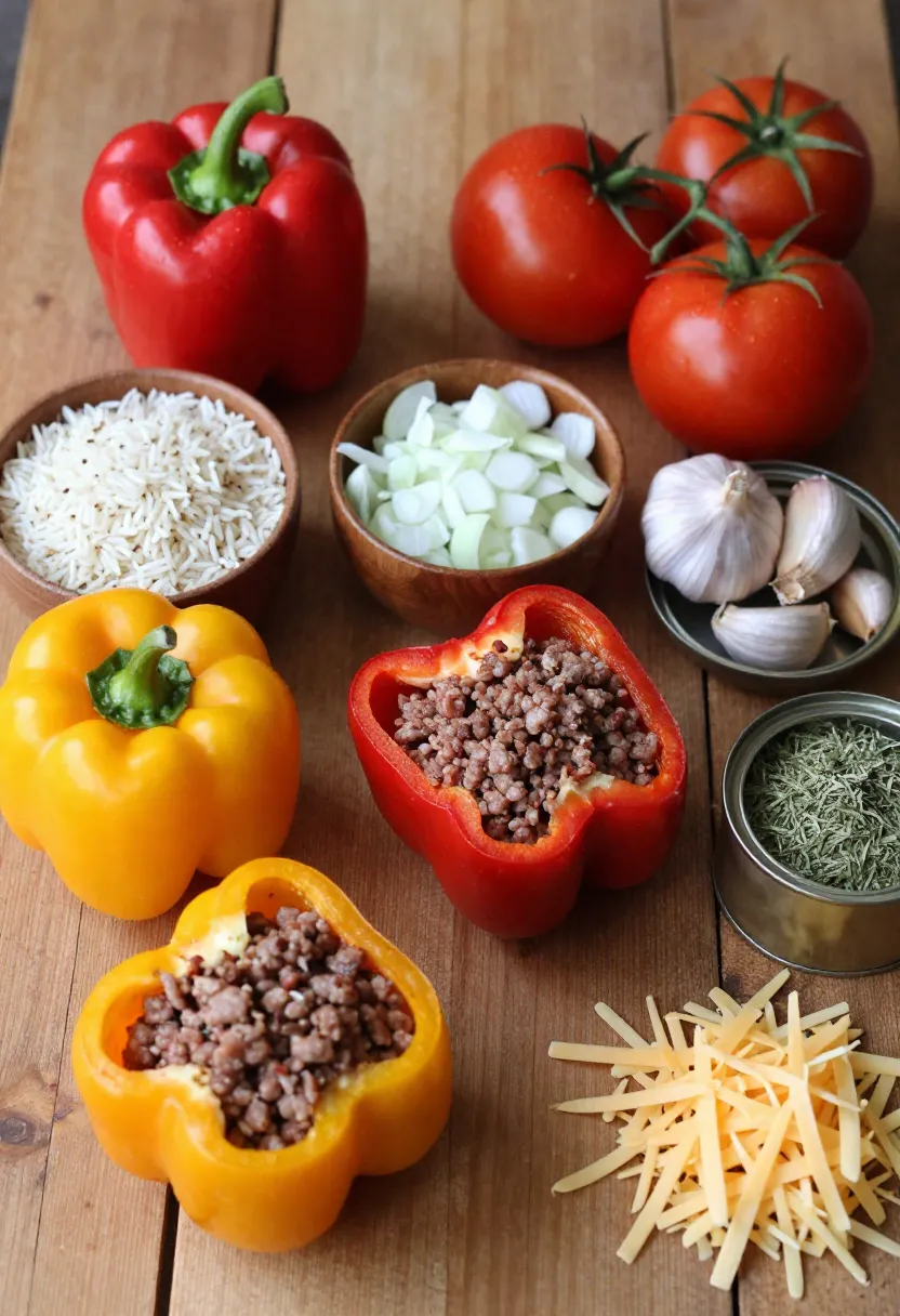 Simple ingredients for stuffed peppers arranged on a rustic table.