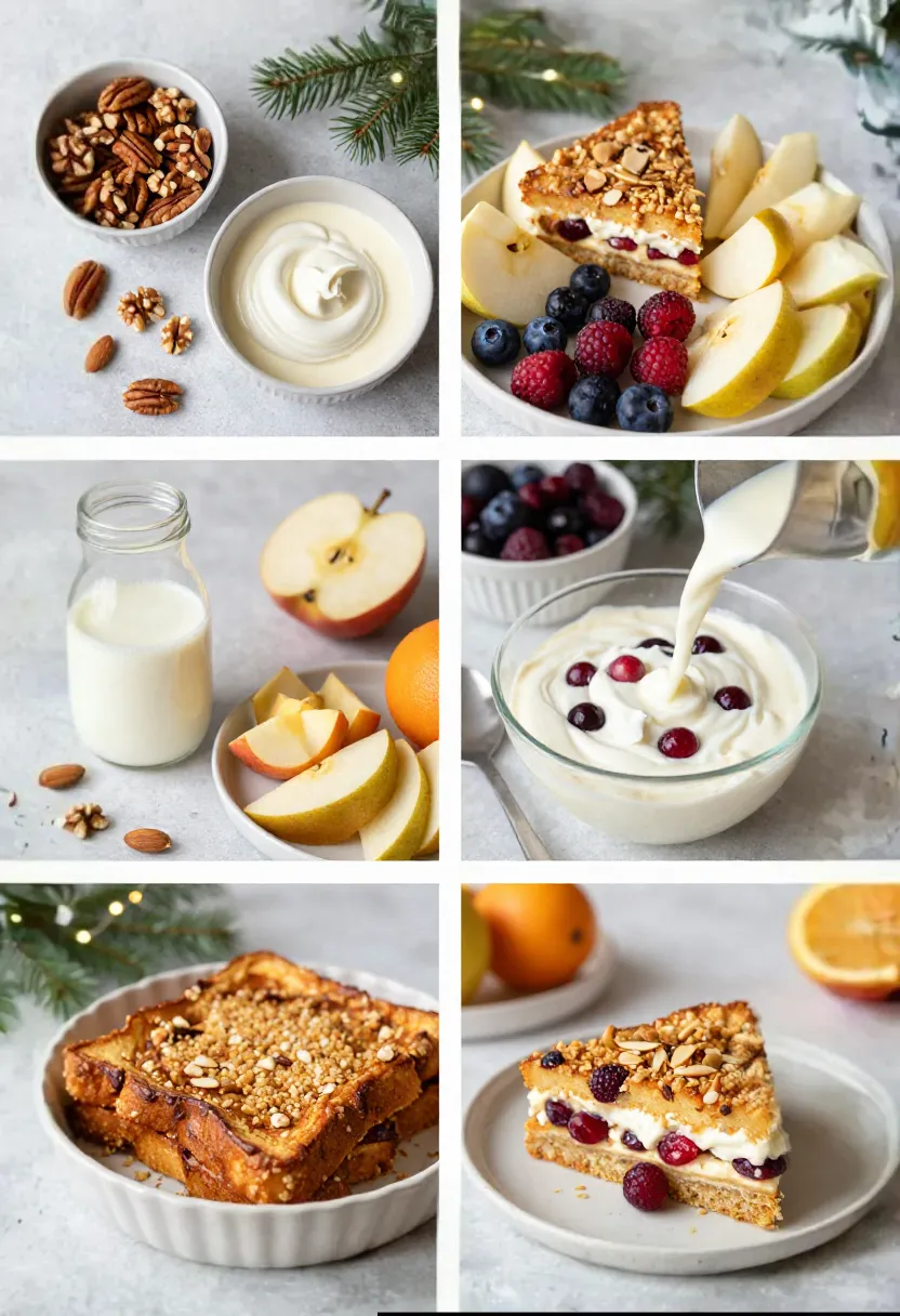 Collage of French toast bake variations, nuts, fruits, and dairy-free ingredient options.