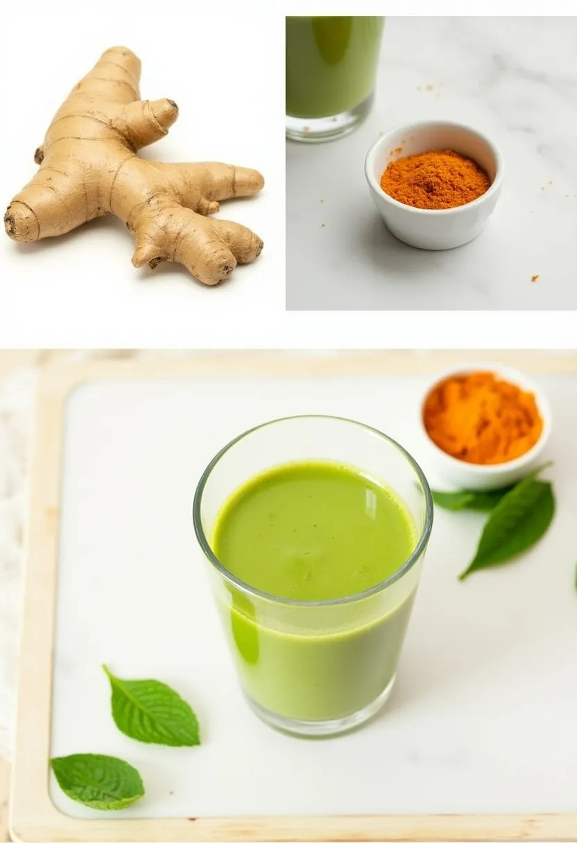 Collage with ginger, turmeric, mint, and a glass of green juice in natural light