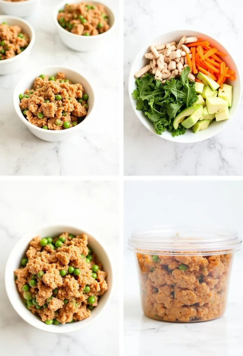 Collage showing different variations of spicy tuna salad and simple storage in a container