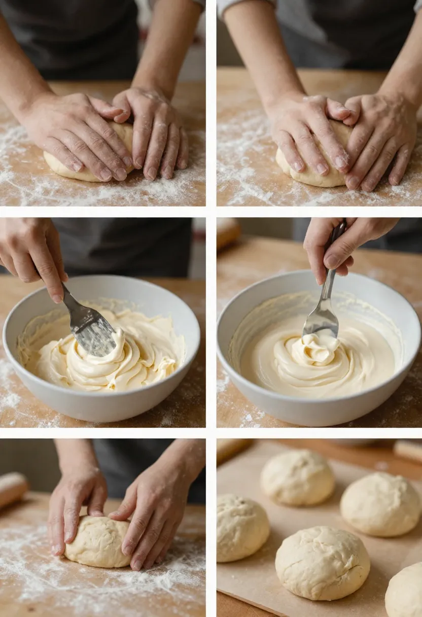 Collage showing small baking details like kneading soft dough, mixing frosting, and dough resting, highlighting practical tips in the baking process.