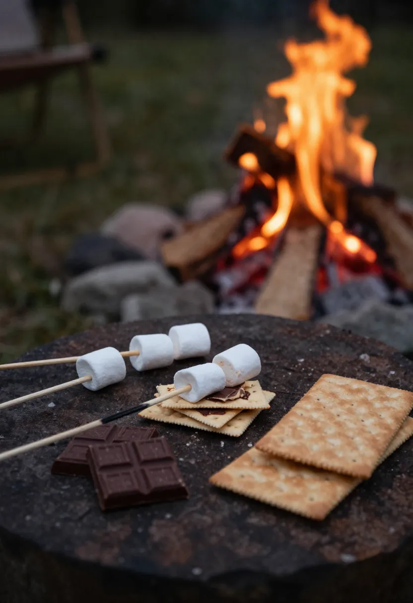 S’mores ingredients roasting over an outdoor campfire