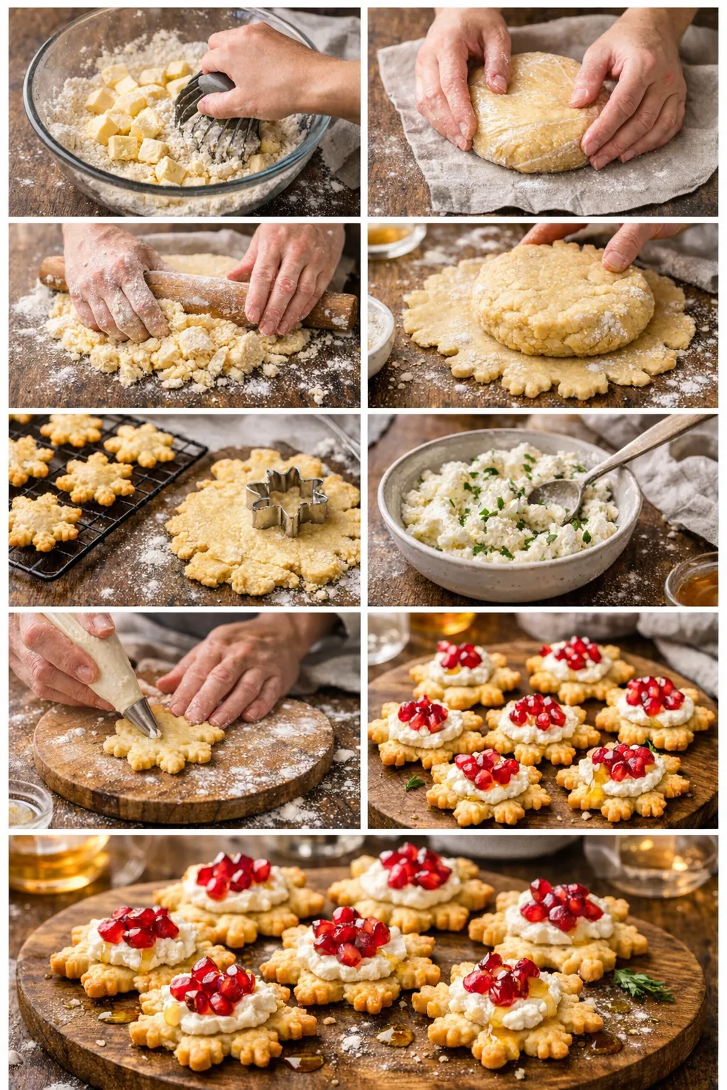 Step-by-step collage of making snowflake goat cheese tartlets with pomegranate and honey.