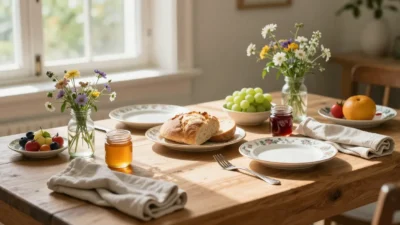 Bright cottagecore brunch table with fresh bread, fruit, wildflowers, and soft sunlight