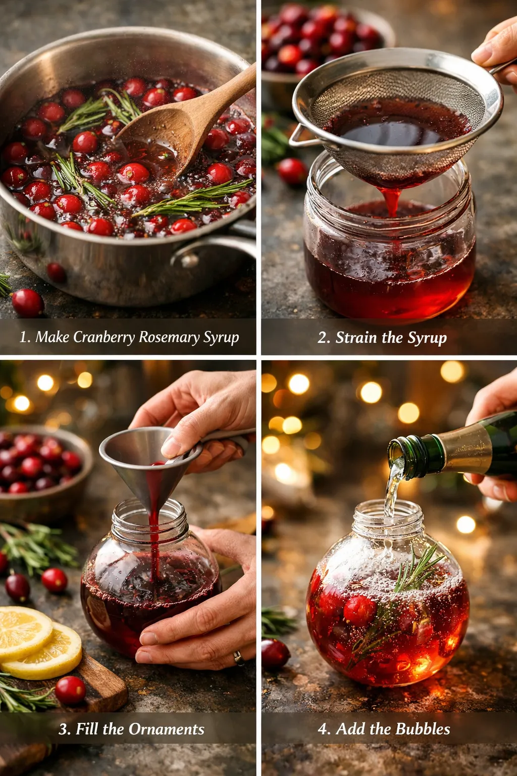 Step-by-step collage showing cranberry rosemary syrup cooking, straining, filling clear ornament with cocktail, and adding sparkling water.