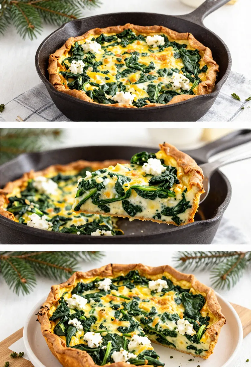 Three-image collage of spinach and feta frittata baking, sliced open, and served on a festive breakfast table.