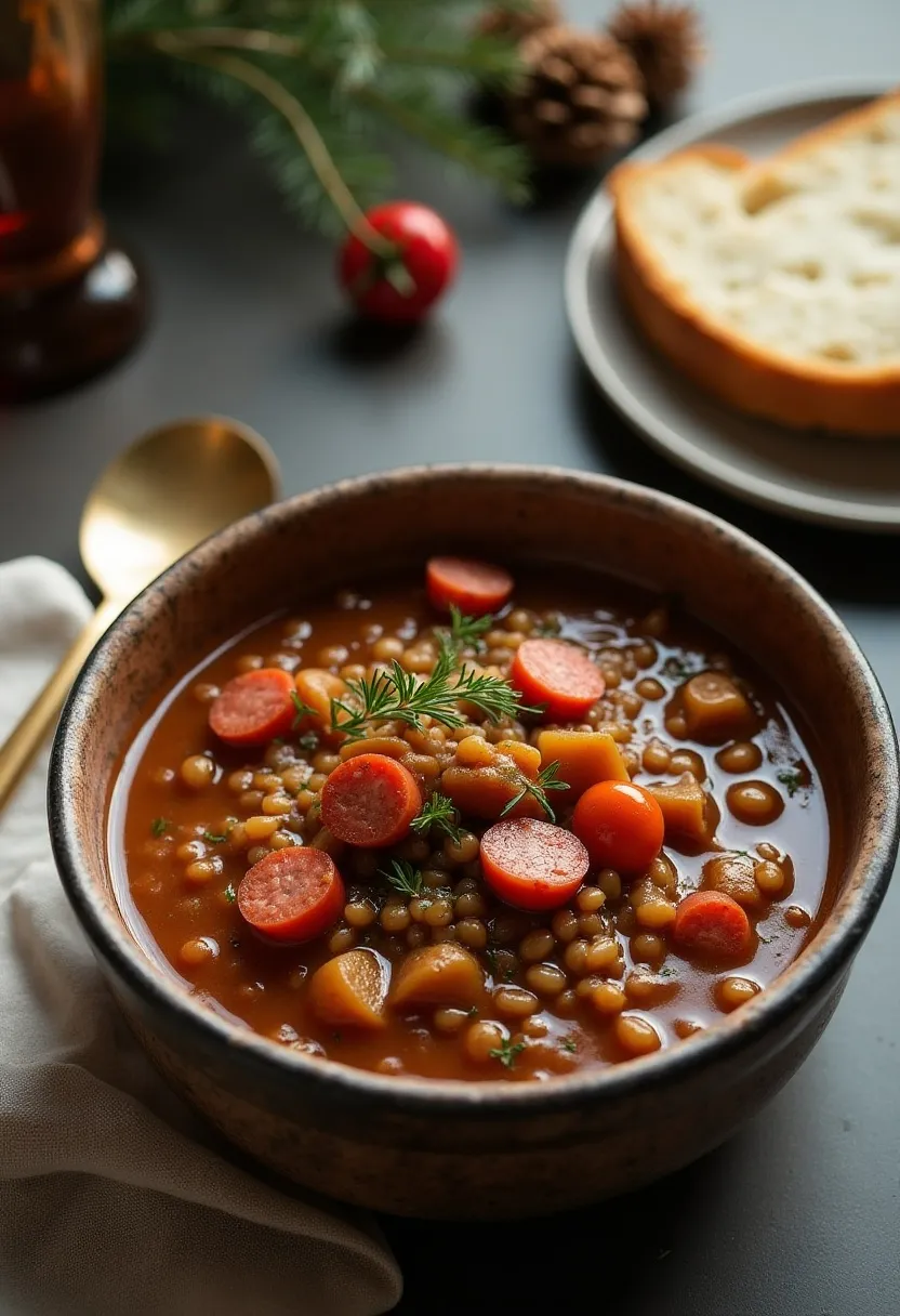 Lentil stew with Italian sausage served for New Year’s Eve