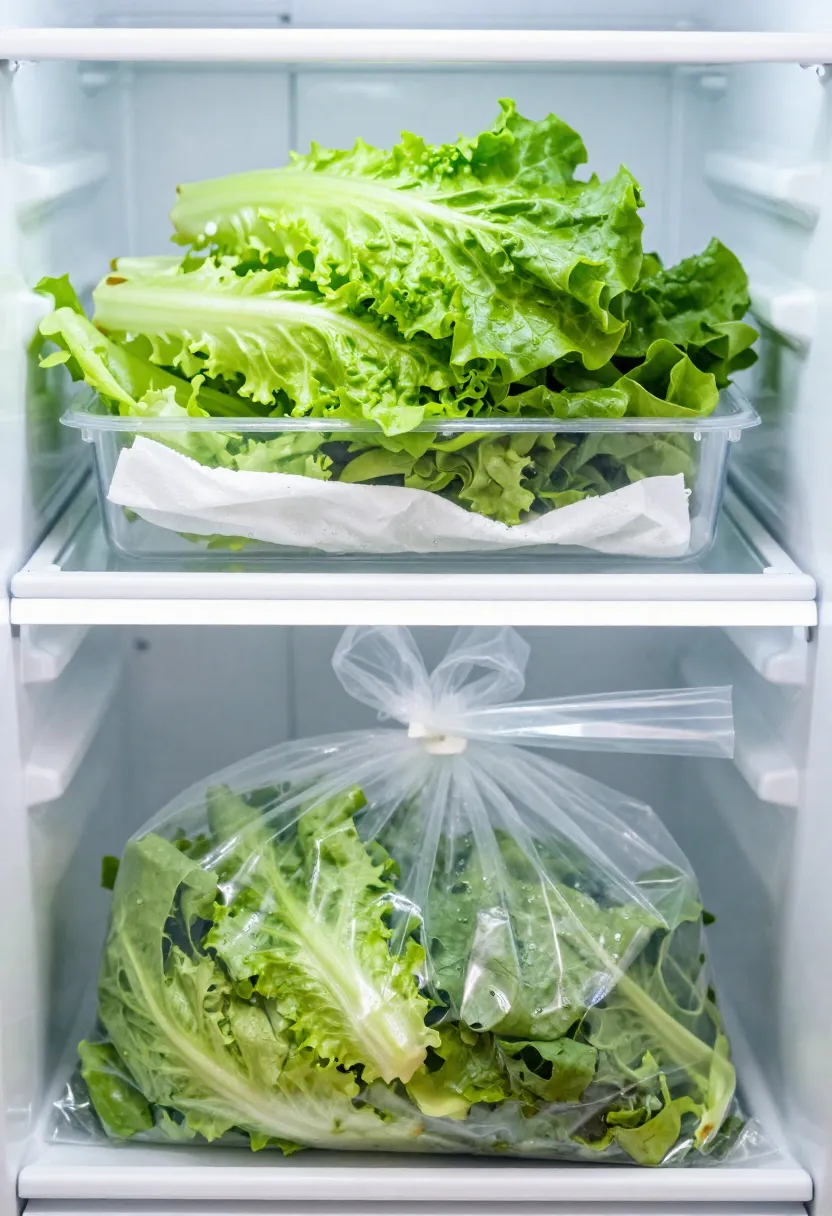 Salad greens stored properly in a refrigerator crisper drawer